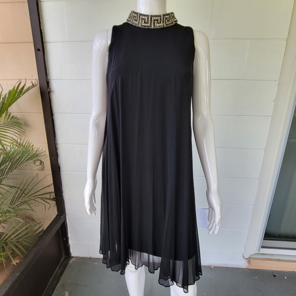 VTG 60s Tee-ca New York Dress Black Women's XS Mod Beaded Greek Key Cocktail